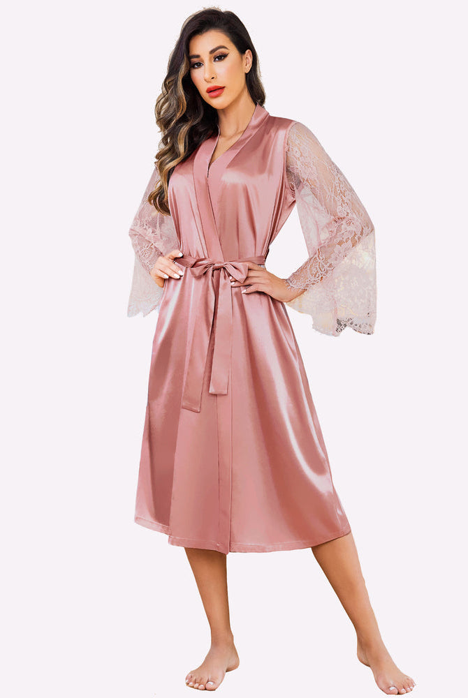 Dusty rose satin kimono robe with lace sleeves and waist tie, elegant and comfortable lingerie.