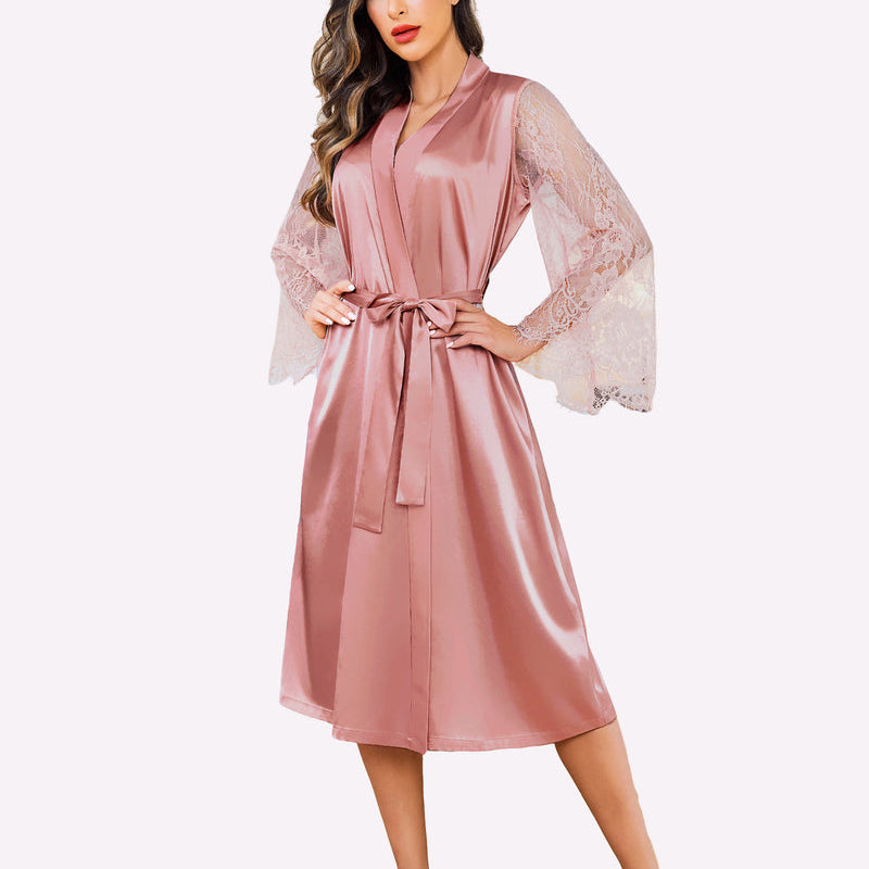Dusty rose satin kimono robe with lace sleeves and waist tie, elegant and comfortable lingerie.