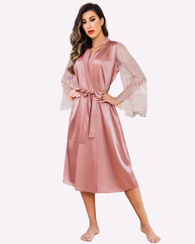 Dusty rose satin kimono robe with lace sleeves and waist tie, elegant and comfortable lingerie.