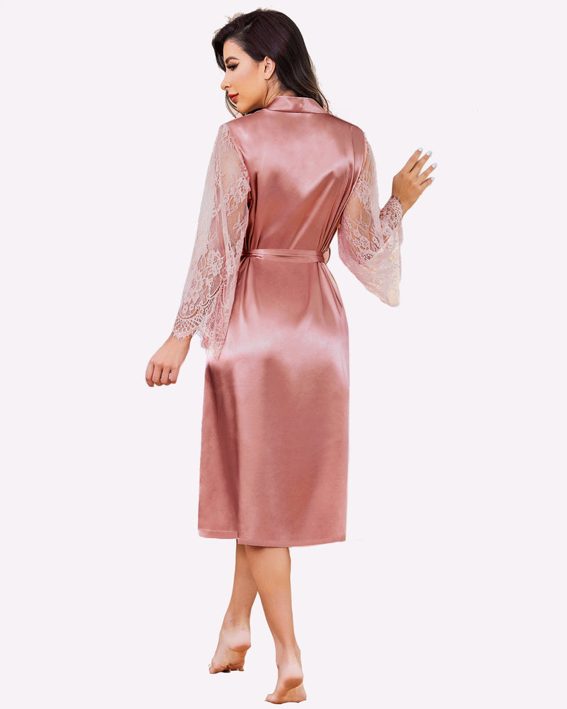 Mauve-pink satin bride dressing gown with lace sleeves, elegant and smooth