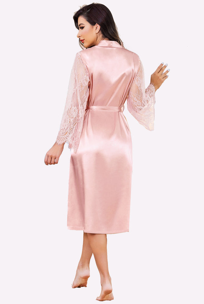 Light pink satin kimono robe with lace sleeves, perfect bride dressing gown, elegant and smooth feel