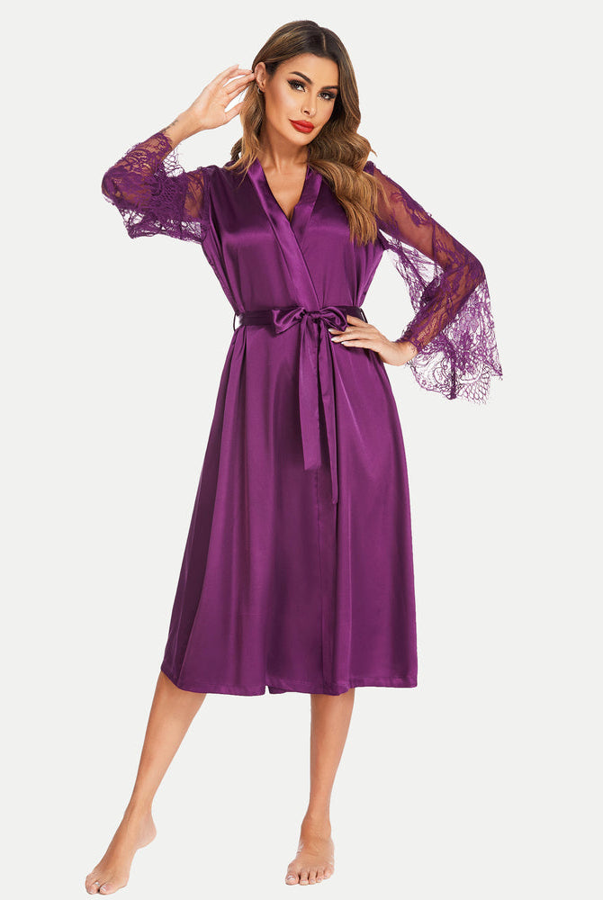 Purple satin bride dressing gown with lace sleeves and belt, elegant and smooth feel.