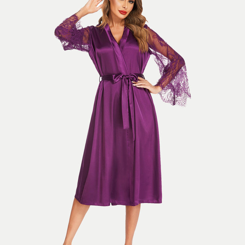 Purple satin bride dressing gown with lace sleeves and belt, elegant and smooth feel.