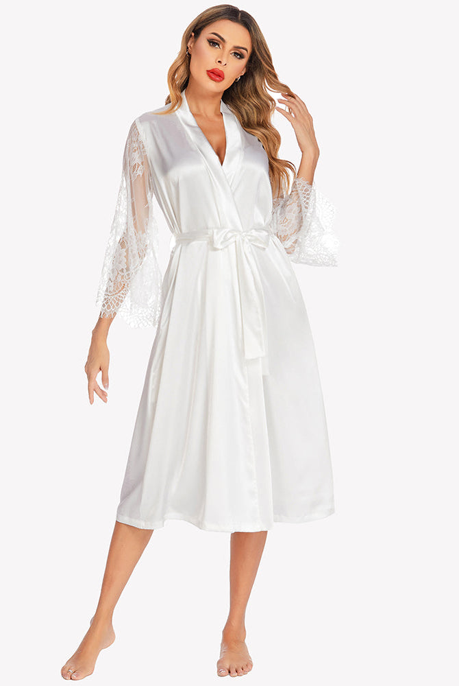 White satin kimono robe with lace sleeves, bridal dressing gown, elegant and smooth