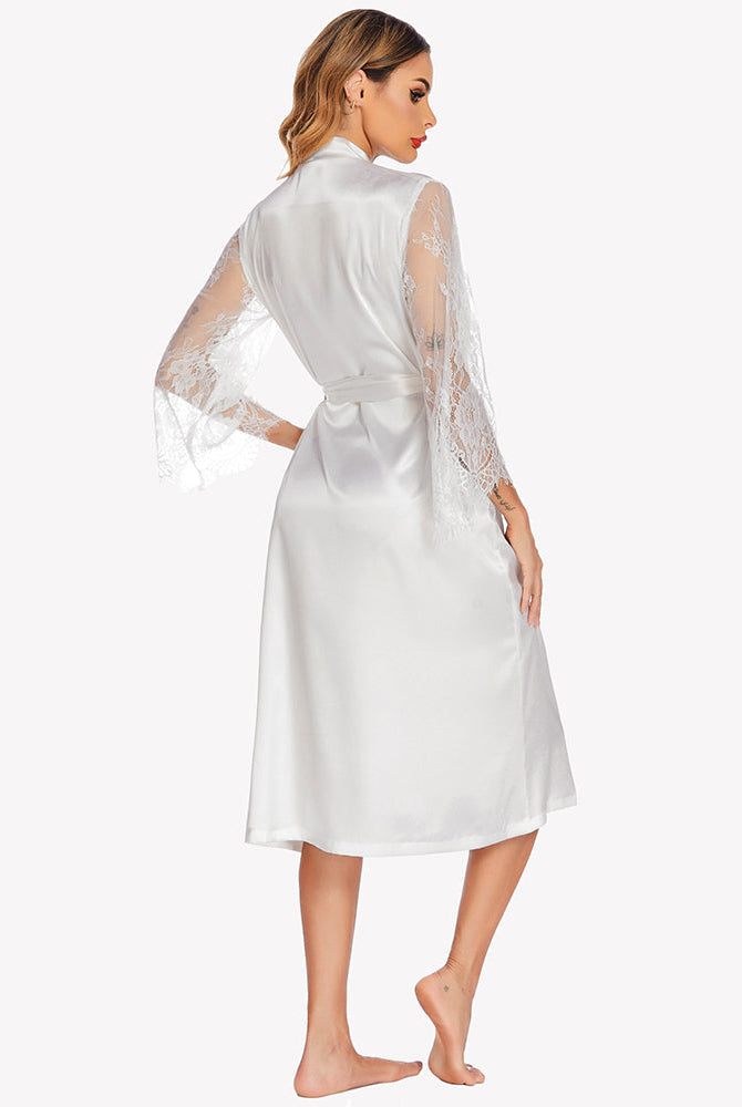 White satin kimono robe with floral lace sleeves, waist tie, perfect for elegant comfort.