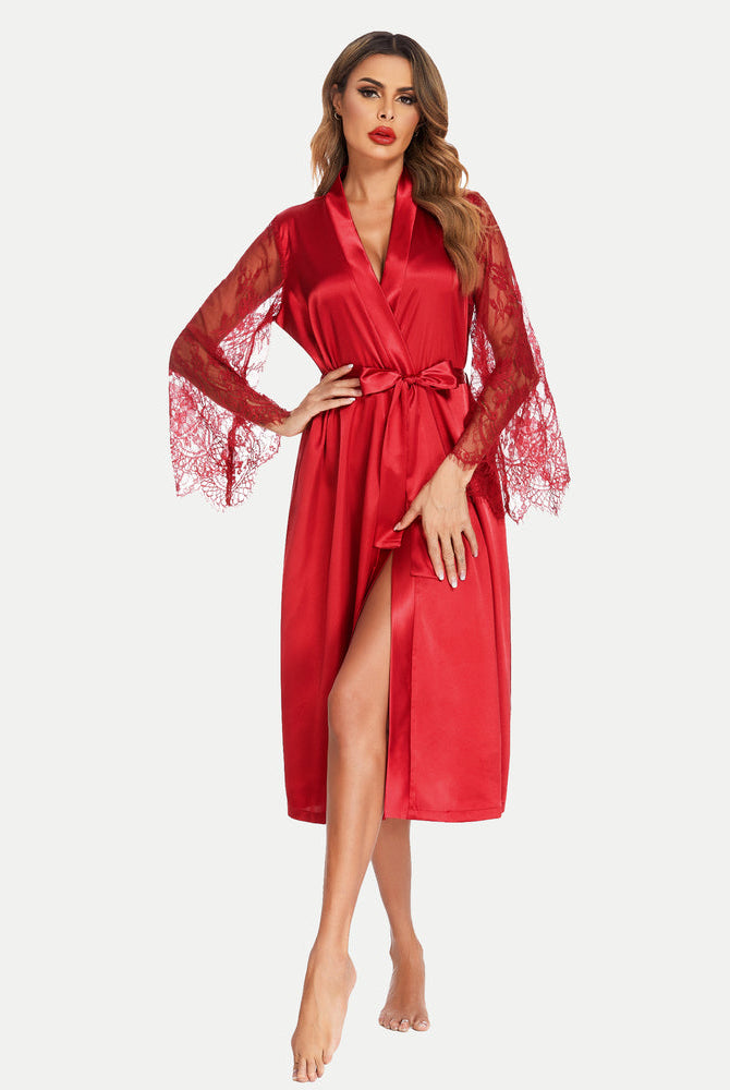 Red satin kimono robe, lace sleeves, matching belt. Elegant bride dressing gown.