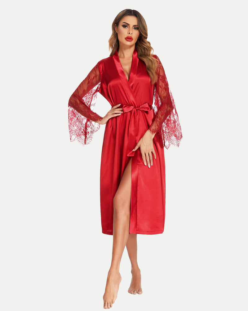 Red satin kimono robe, lace sleeves, matching belt. Elegant bride dressing gown.