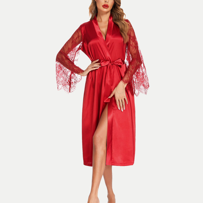 Red satin kimono robe with lace sleeves and waist tie, elegant and comfortable lingerie.