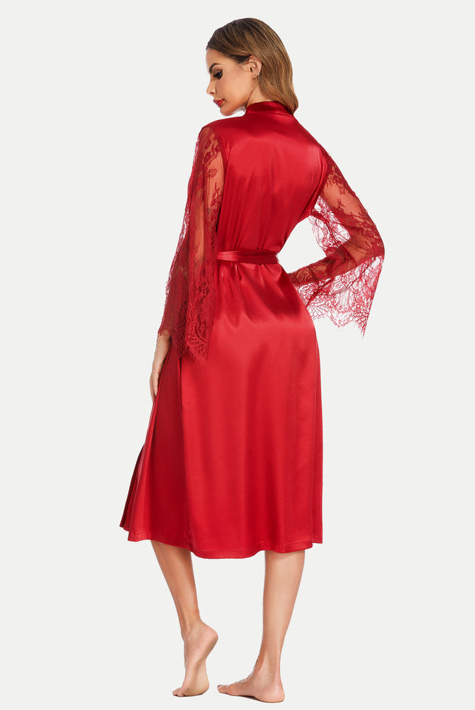 Red satin kimono robe with floral lace sleeves and waist tie, elegant lingerie