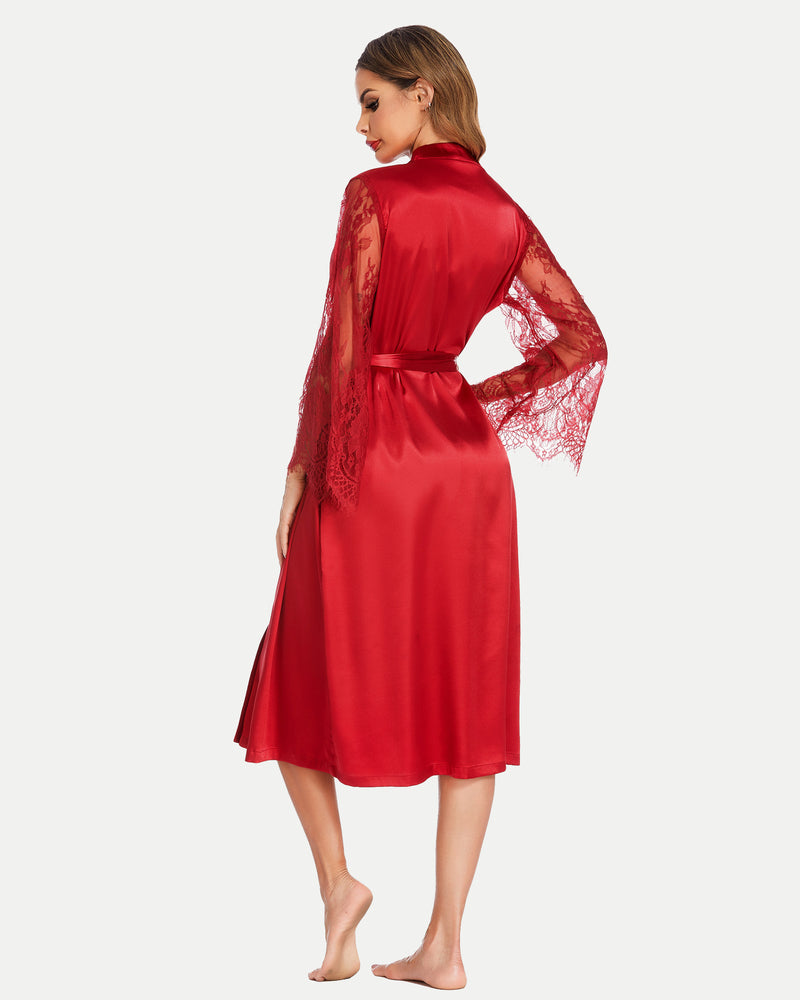Red satin kimono robe with floral lace sleeves and waist tie, elegant lingerie