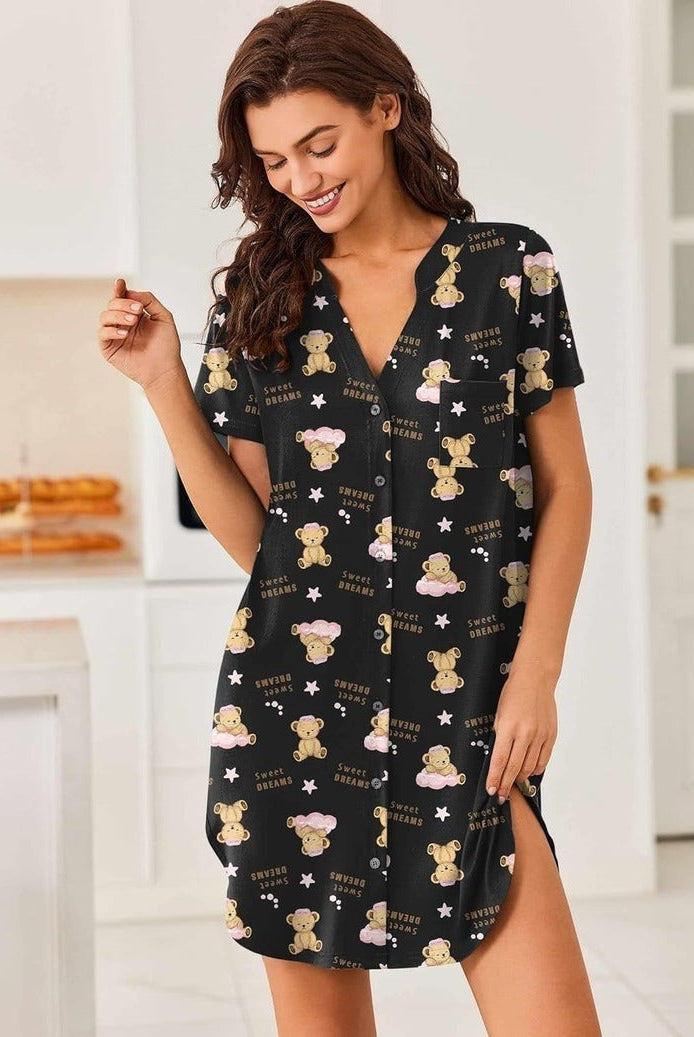Black V-neck button-front teddy nightgown with short sleeves and allover bear print
