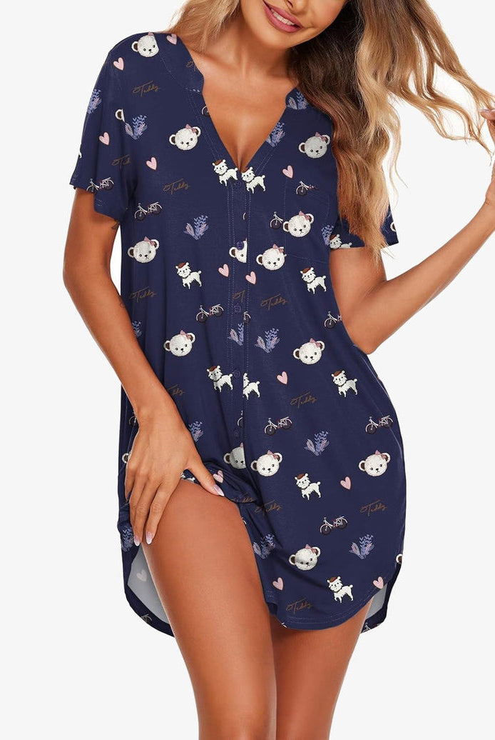 Navy teddy print V-neck button-front sleep dress with short sleeves and side opening