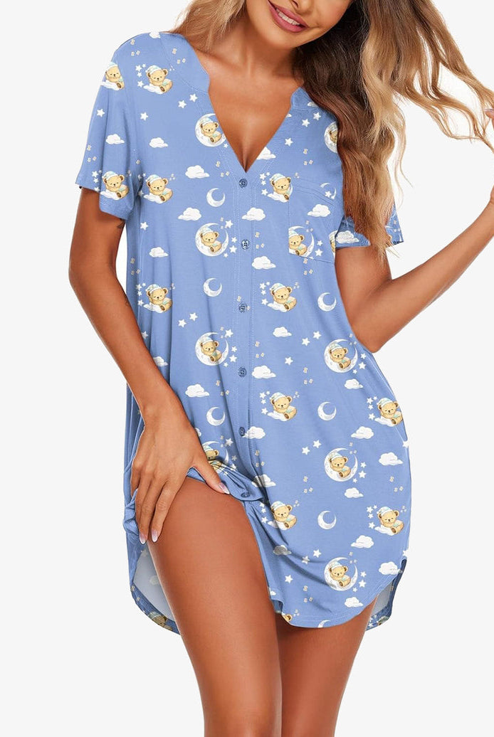 Light blue teddy and moon print V-neck button-front nightgown with short sleeves