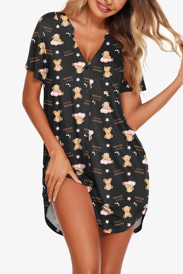 Black V-neck button-front teddy nightgown with short sleeves and multicolor bear print