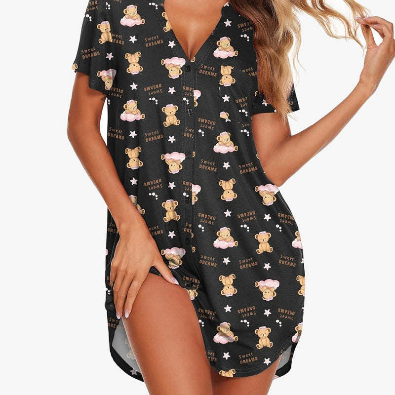 Black V-neck button-front teddy nightgown with short sleeves and multicolor bear print
