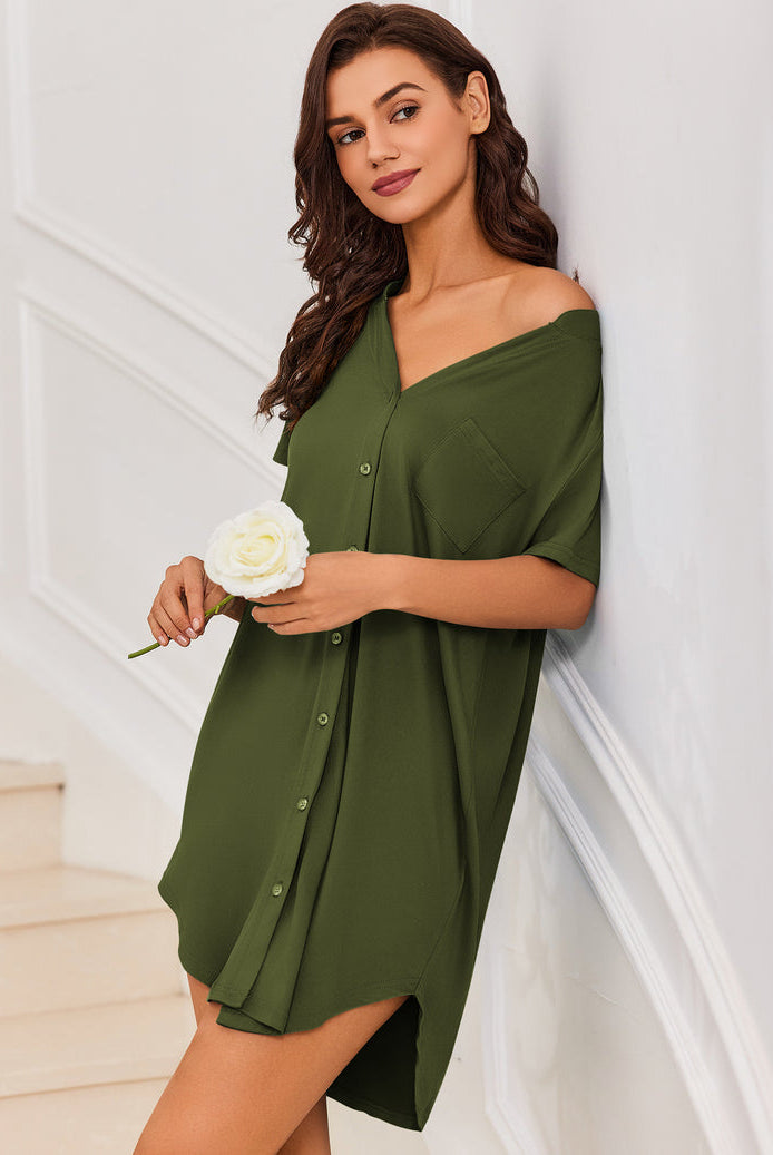 Green off-shoulder button-front teddy sleep dress with short sleeves and curved hem