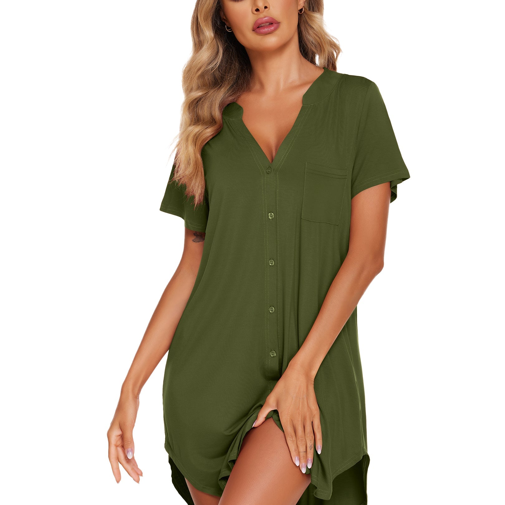 V-neck button-front teddy nightgown with short sleeves and chest pocket, olive green