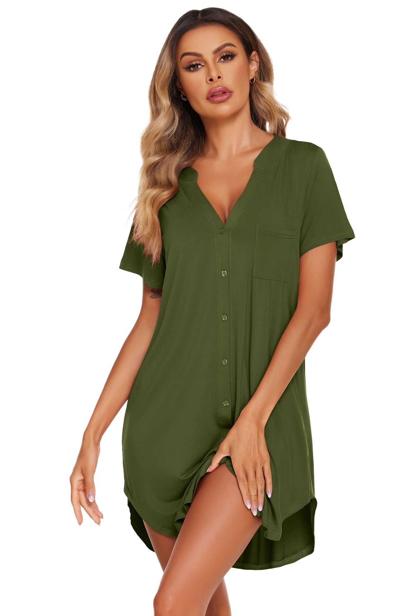 V-neck button-front teddy nightgown with short sleeves and chest pocket, olive green