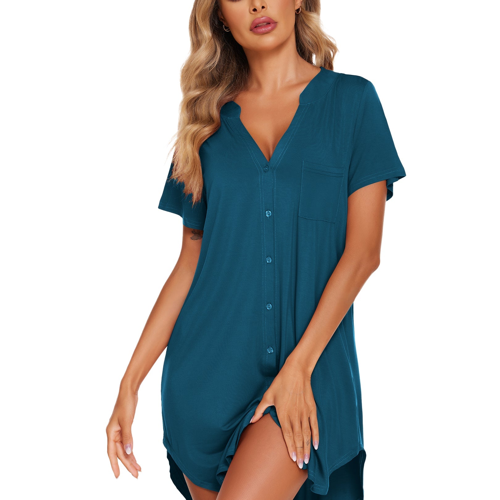 V-neck button-front teddy nightgown with short sleeves and chest pocket, teal blue