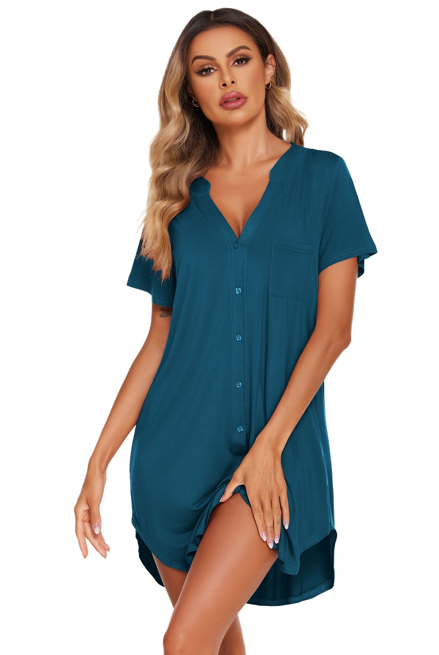 V-neck button-front teddy nightgown with short sleeves and chest pocket, teal blue