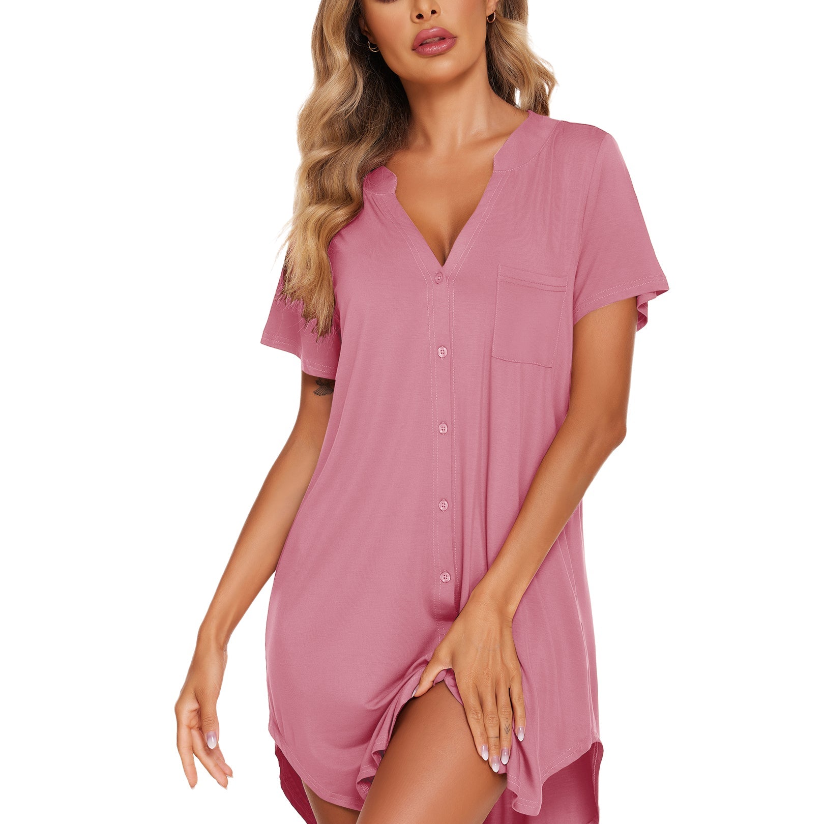 V-neck button-front teddy nightgown with short sleeves and chest pocket, mauve pink
