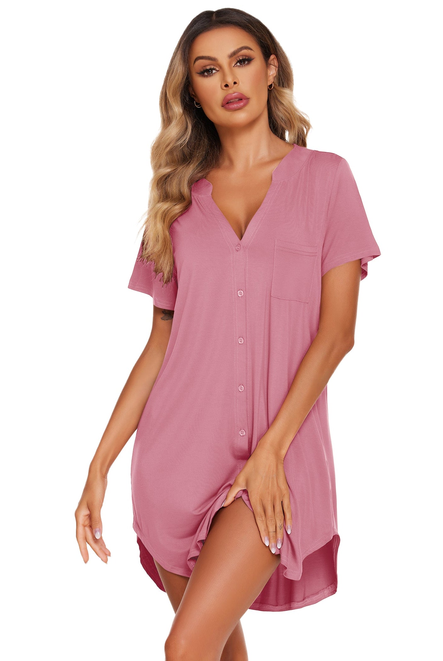 V-neck button-front teddy nightgown with short sleeves and chest pocket, mauve pink