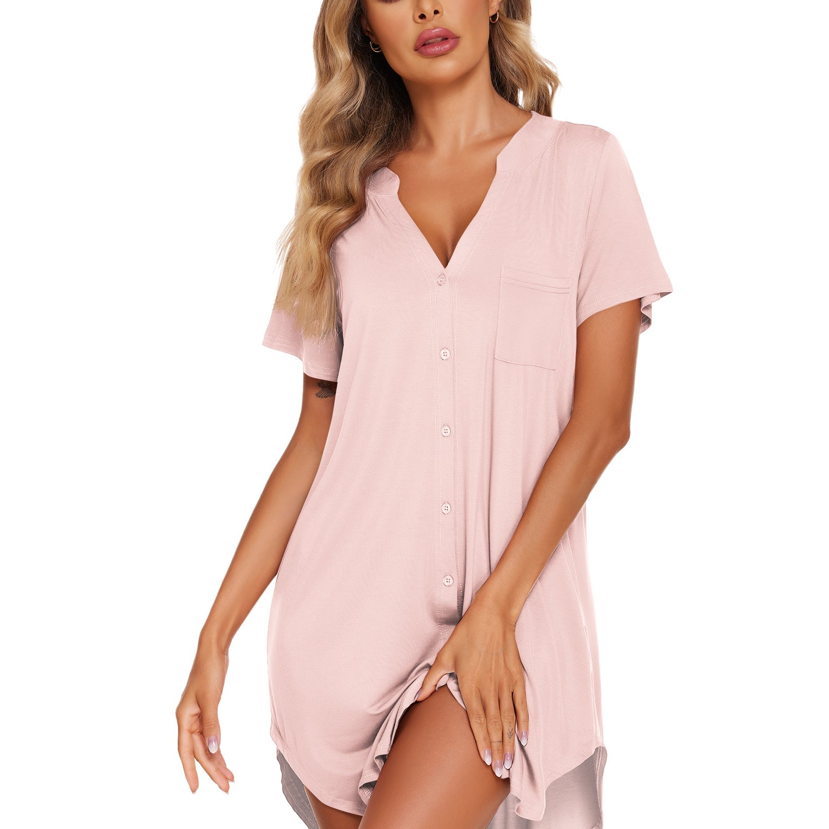 V-neck button-front teddy nightgown with short sleeves and chest pocket, light pink