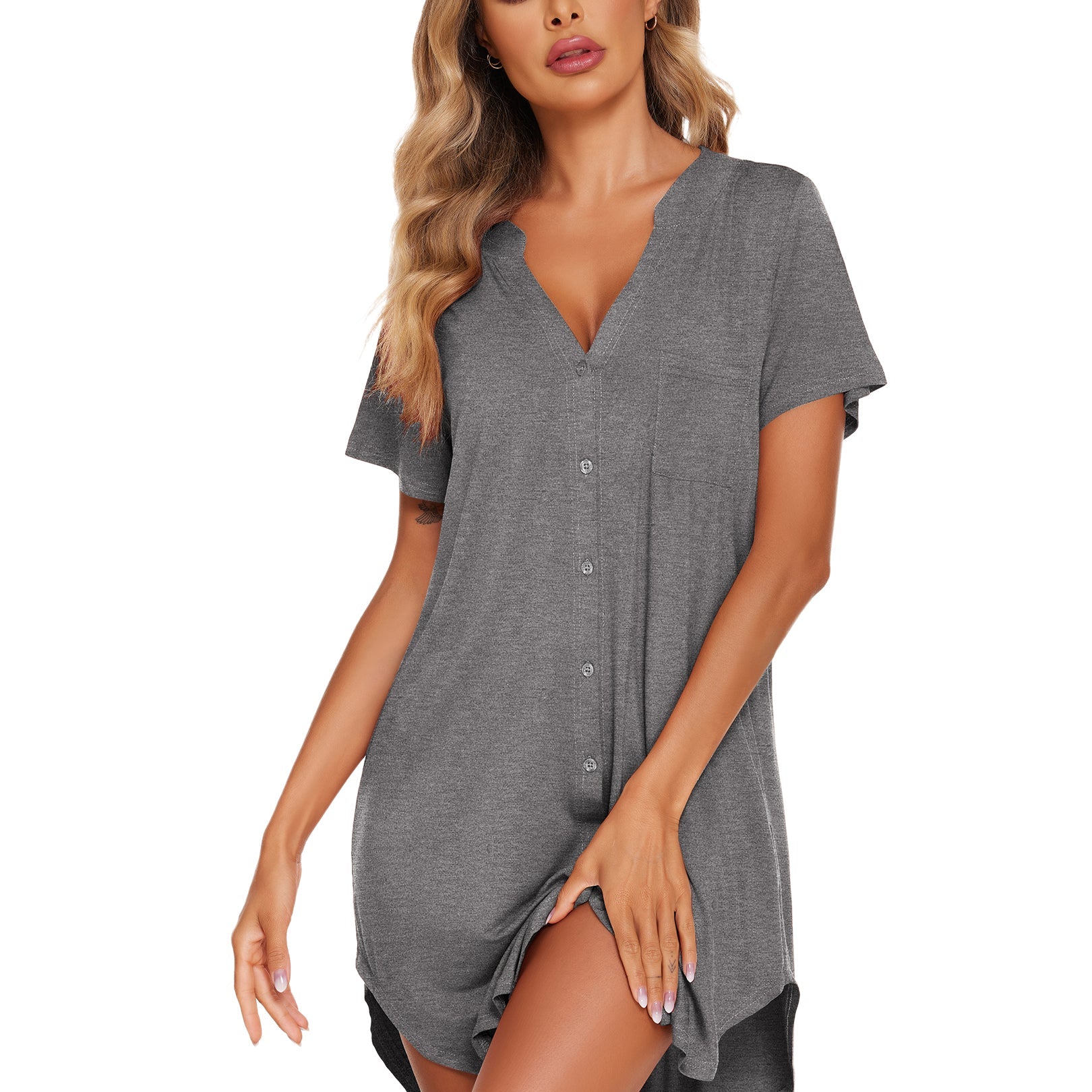 V-neck button-front teddy nightgown with short sleeves and chest pocket, heather gray