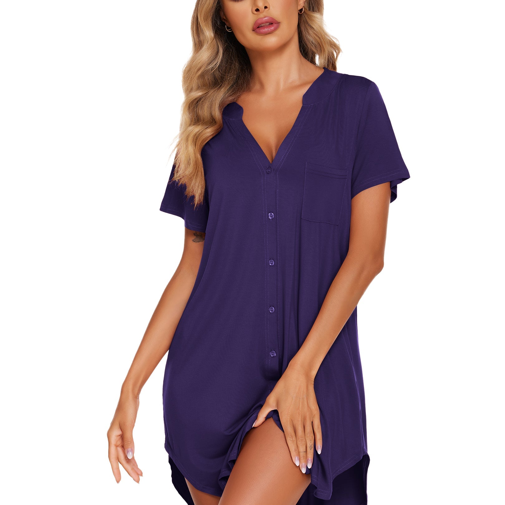 V-neck button-front teddy nightgown with short sleeves and chest pocket, deep purple