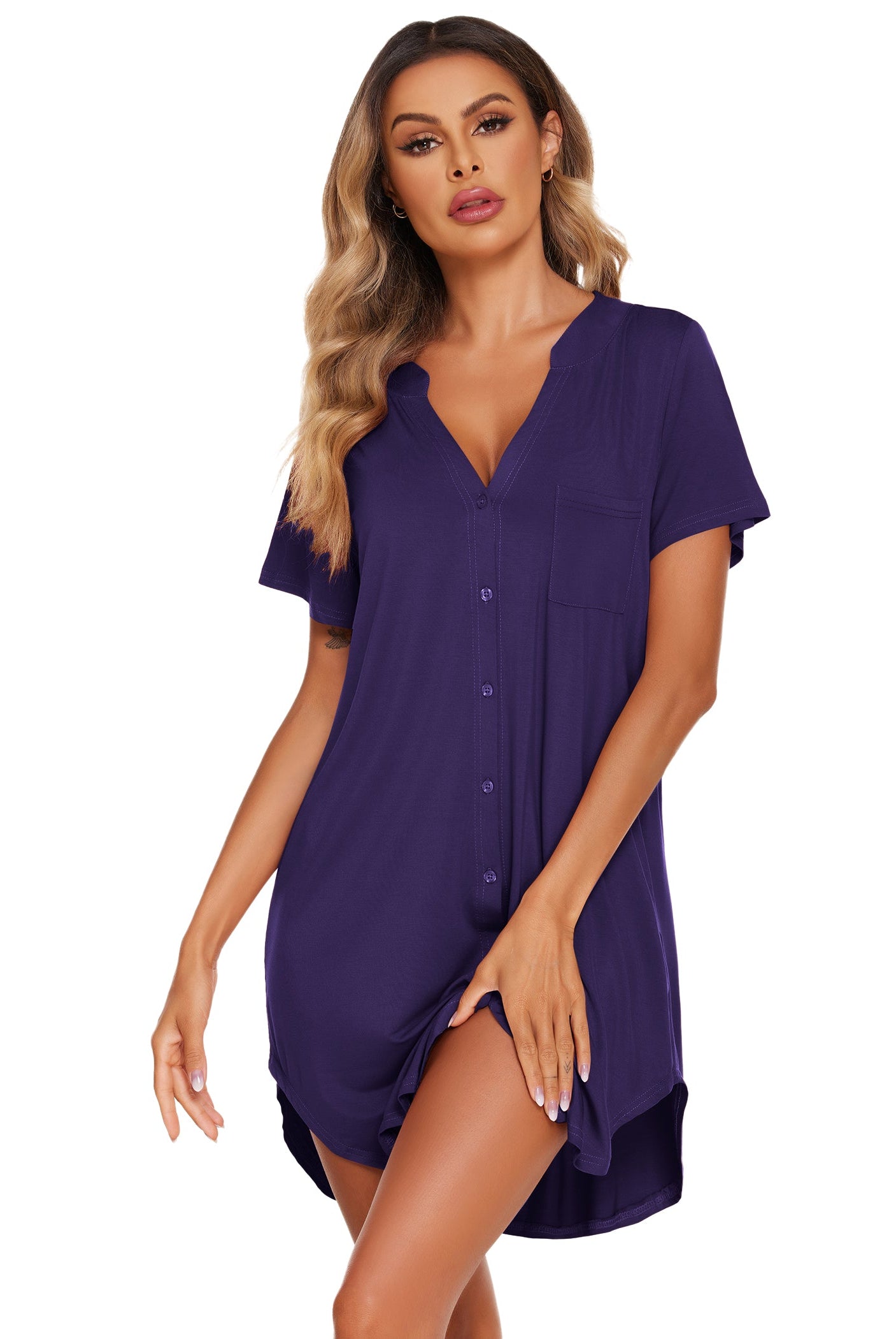 V-neck button-front teddy nightgown with short sleeves and chest pocket, deep purple