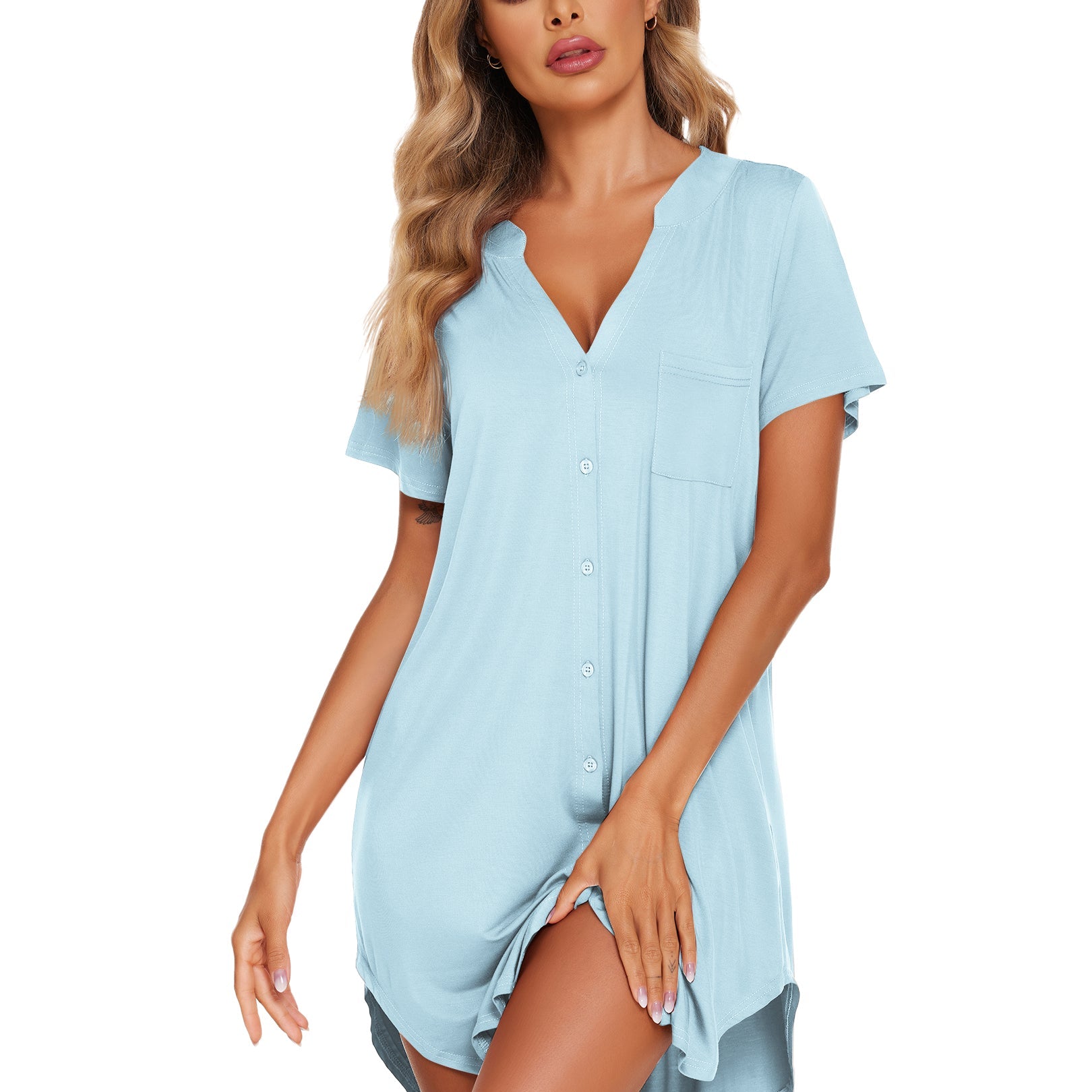 Blue V-neck button-front teddy nightgown with short sleeves and scoop hem