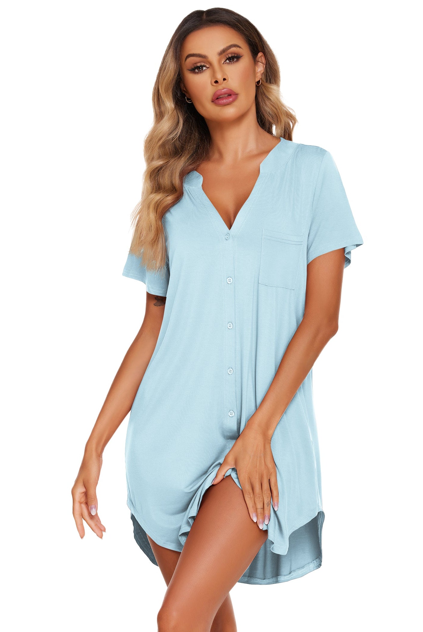 Blue V-neck button-front teddy nightgown with short sleeves and scoop hem