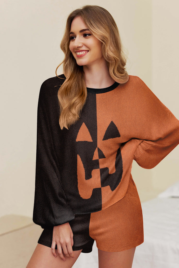 Halloween knit pajama set with orange/black long sleeves and matching shorts