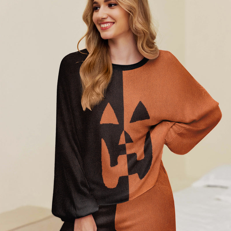 Halloween knit pajama set with orange/black long sleeves and matching shorts