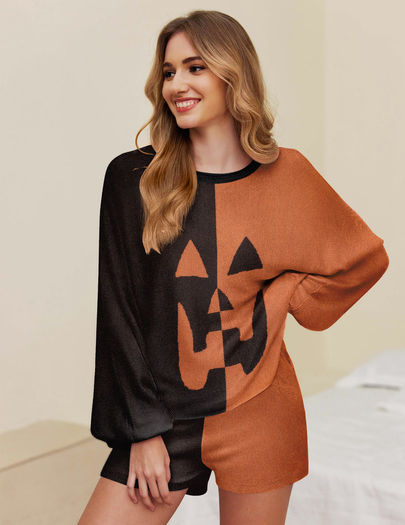 Ekouaer Halloween pajama set: Knit lounge set with jack-o'-lantern design, perfect for casual wear.