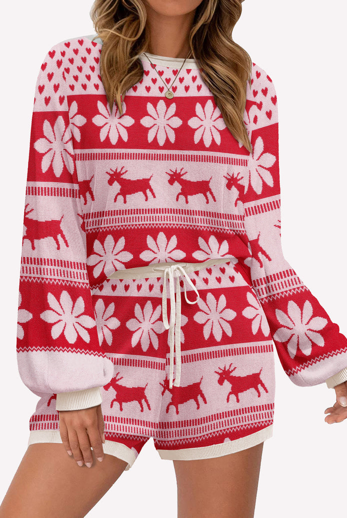 Red holiday knit pajama set with drawstring shorts and long-sleeve top