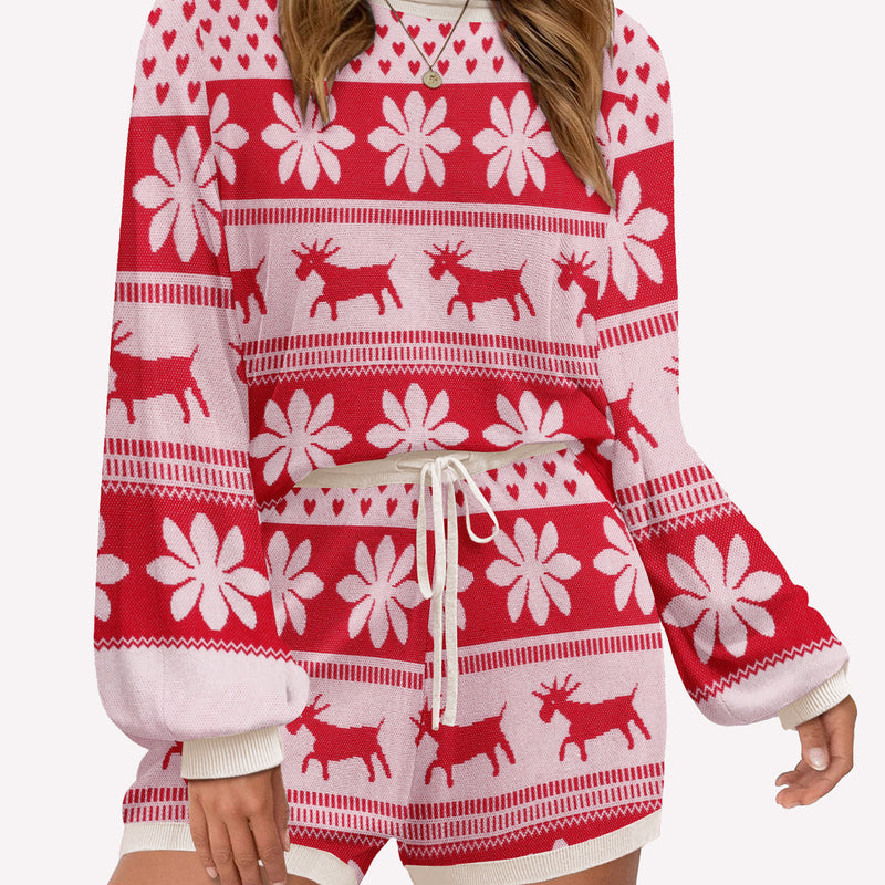 Red holiday knit pajama set with drawstring shorts and long-sleeve top