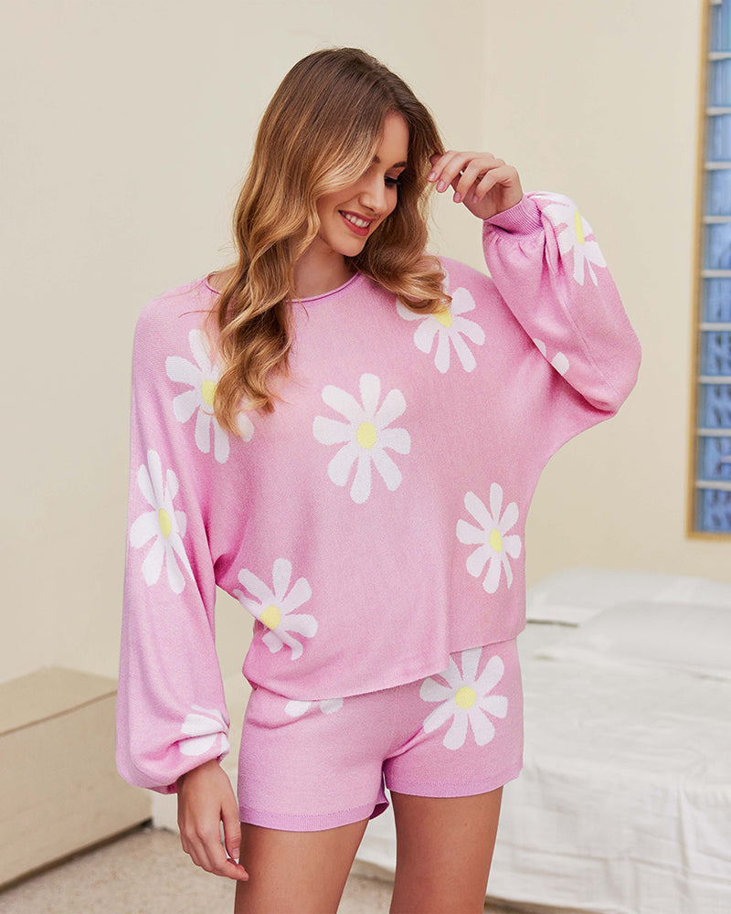 Ekouaer pink daisy pajama set for women: Soft knit lounge set, perfect for casual wear and comfort.