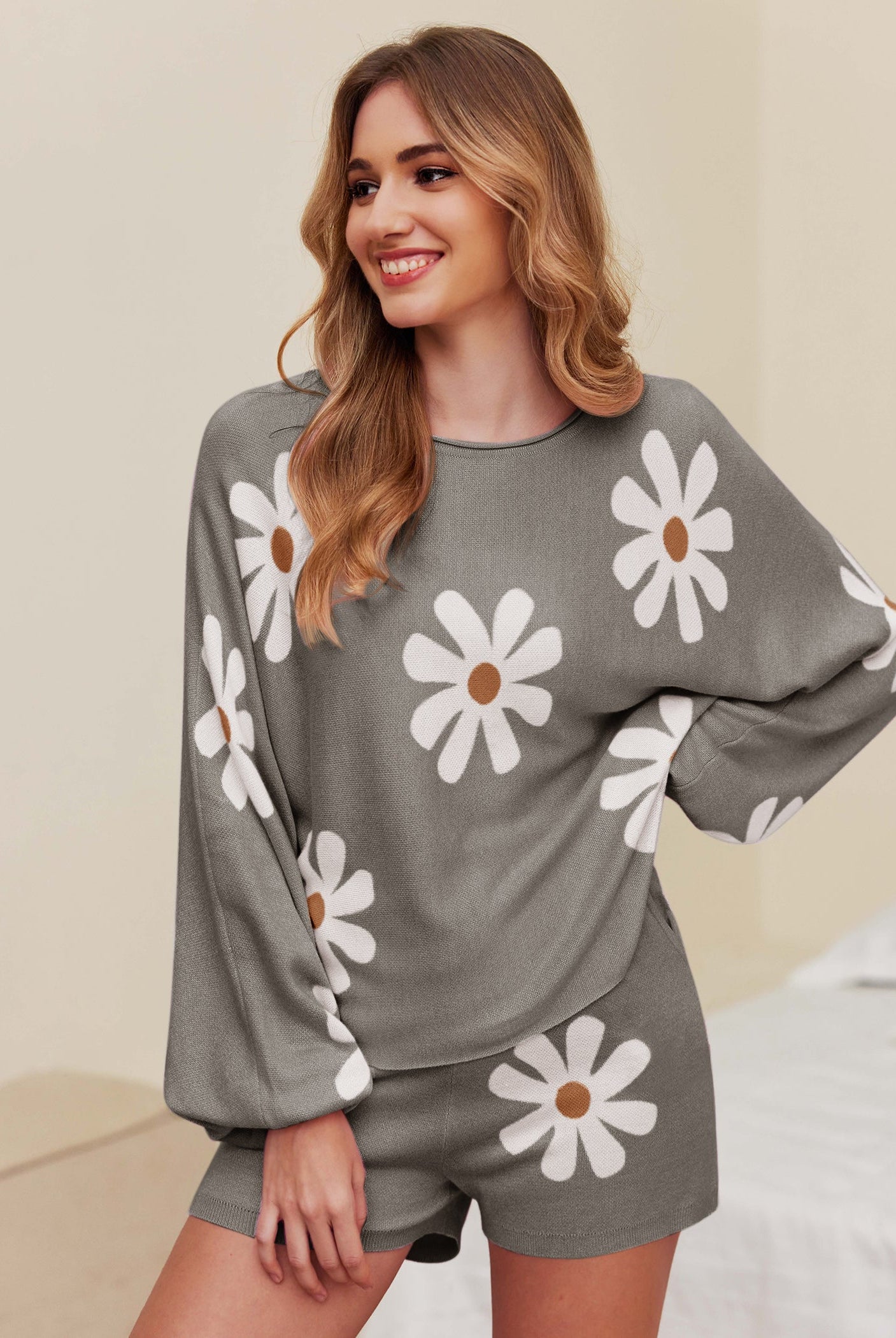 Grey daisy knit pajama set with long sleeves and matching shorts