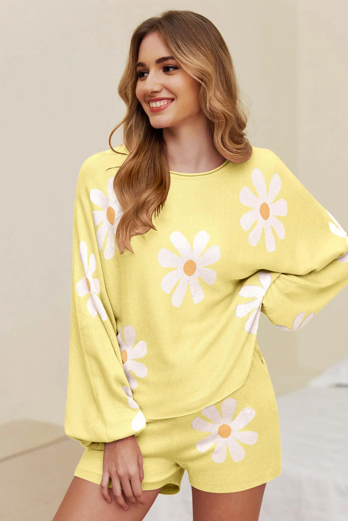 Yellow daisy knit pajama set with long sleeves and matching shorts
