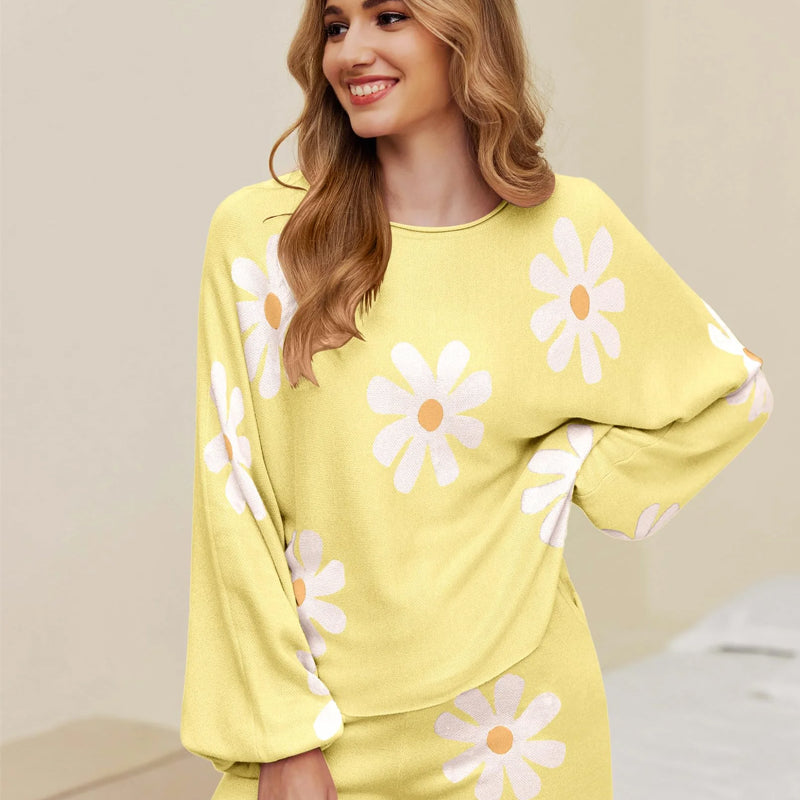 Yellow daisy knit pajama set with long sleeves and matching shorts