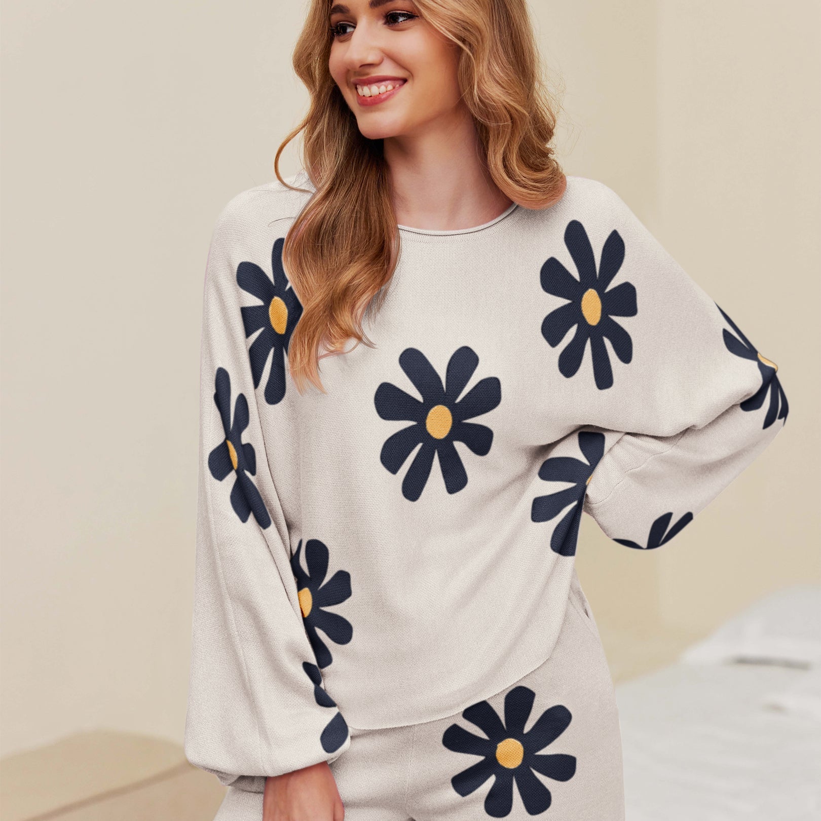White daisy knit pajama set with long sleeves and matching shorts