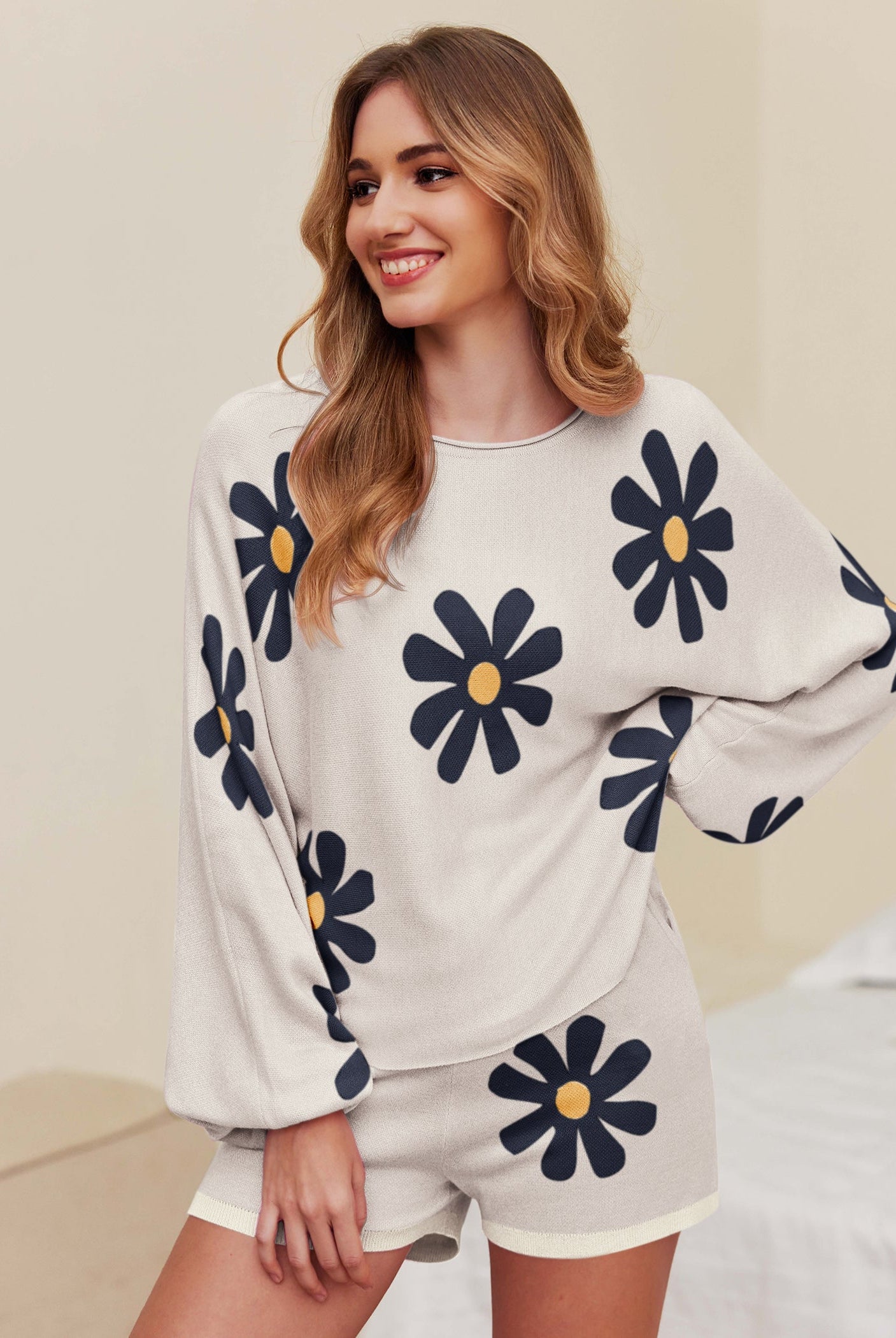 White daisy knit pajama set with long sleeves and matching shorts