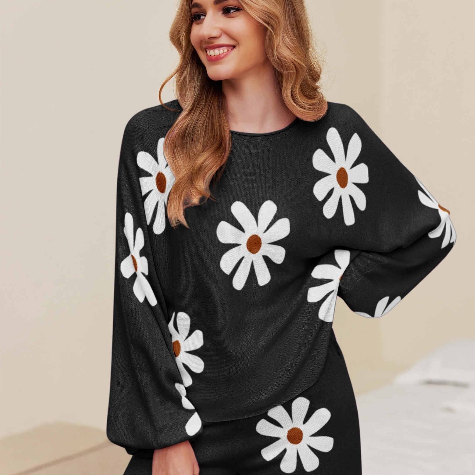 Black daisy knit pajama set with long sleeves and matching shorts
