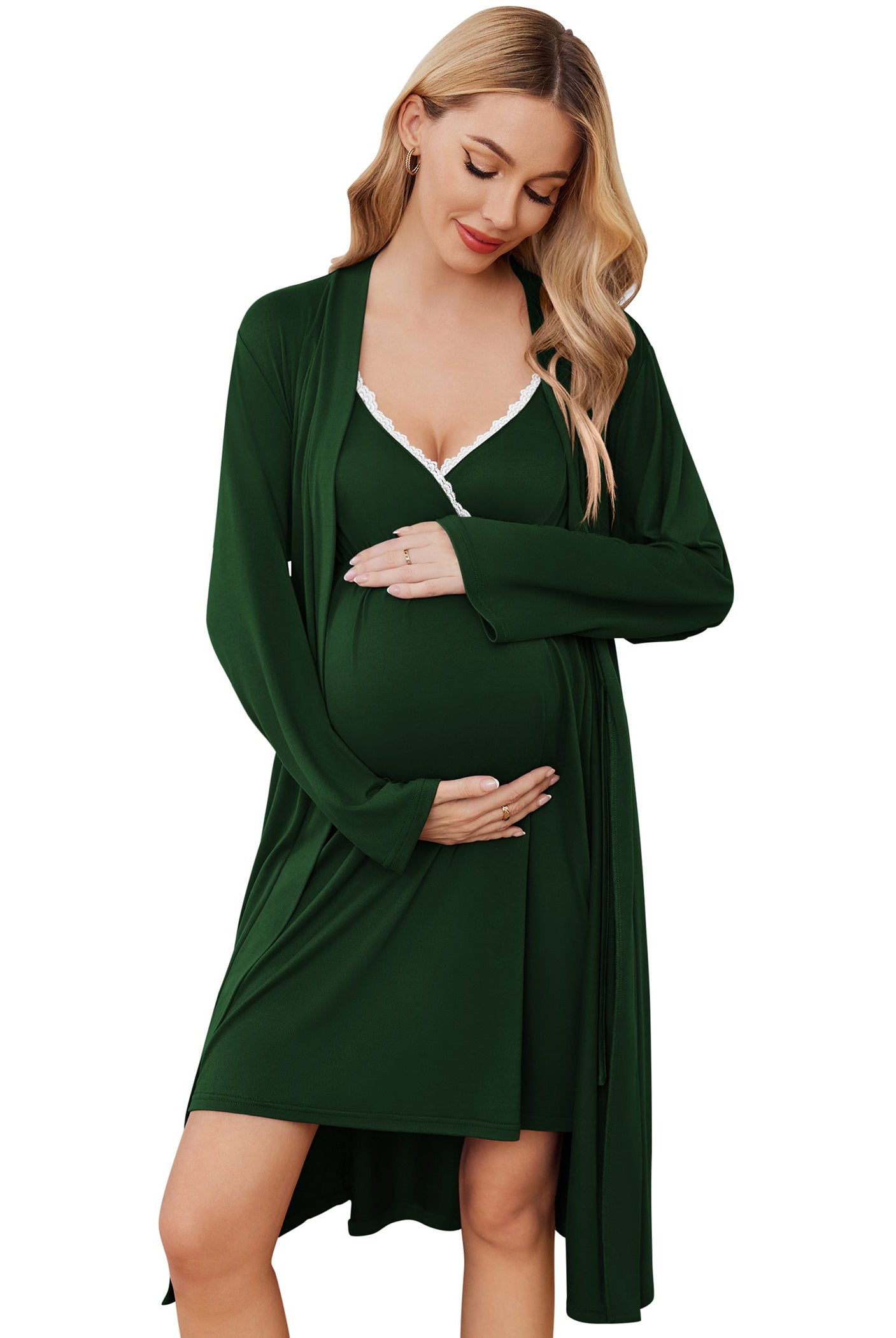 Nursing gown and robe set in dark green, long sleeves, V-neck with lace trim.