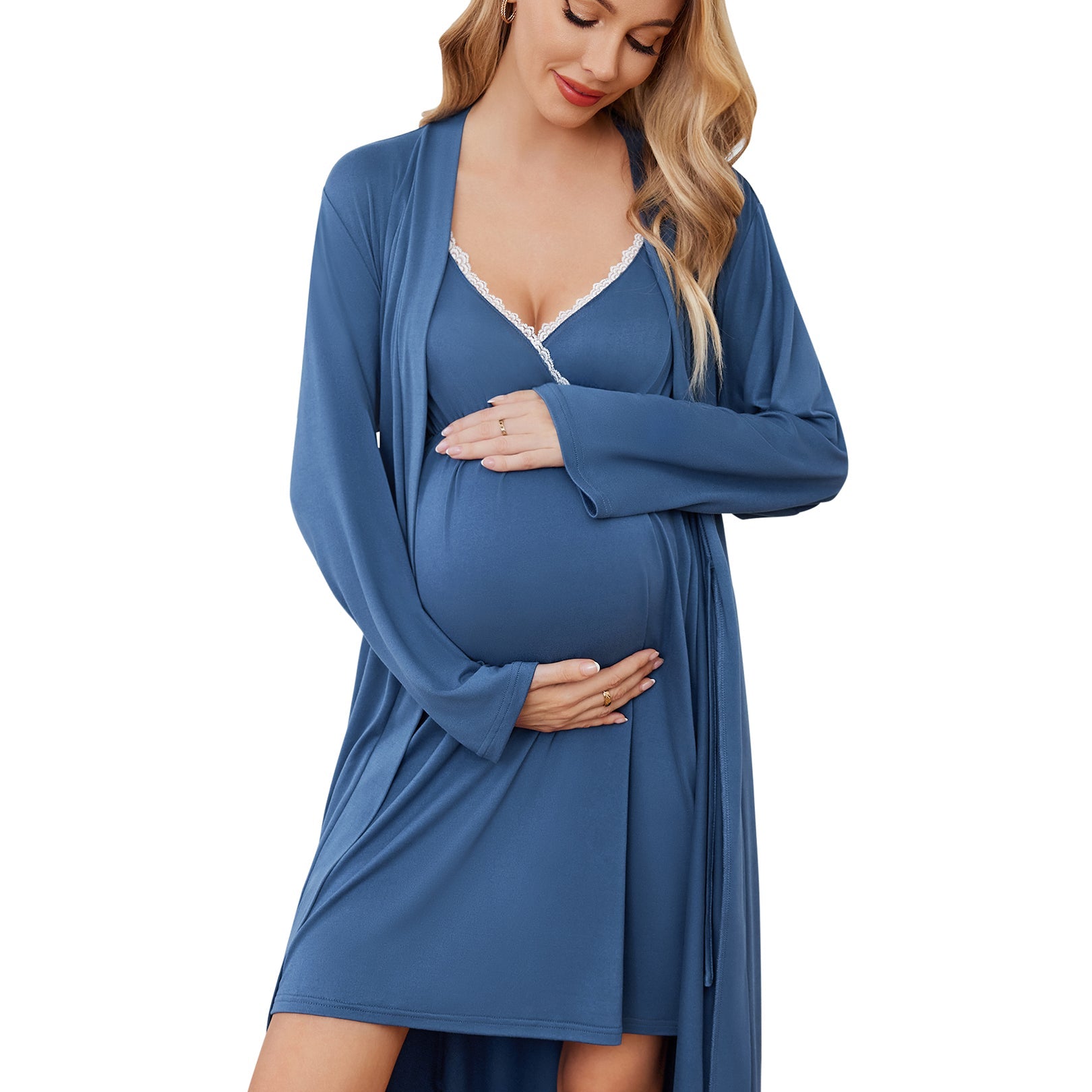 Nursing gown and robe set in blue, long sleeves robe, V-neck with lace trim.