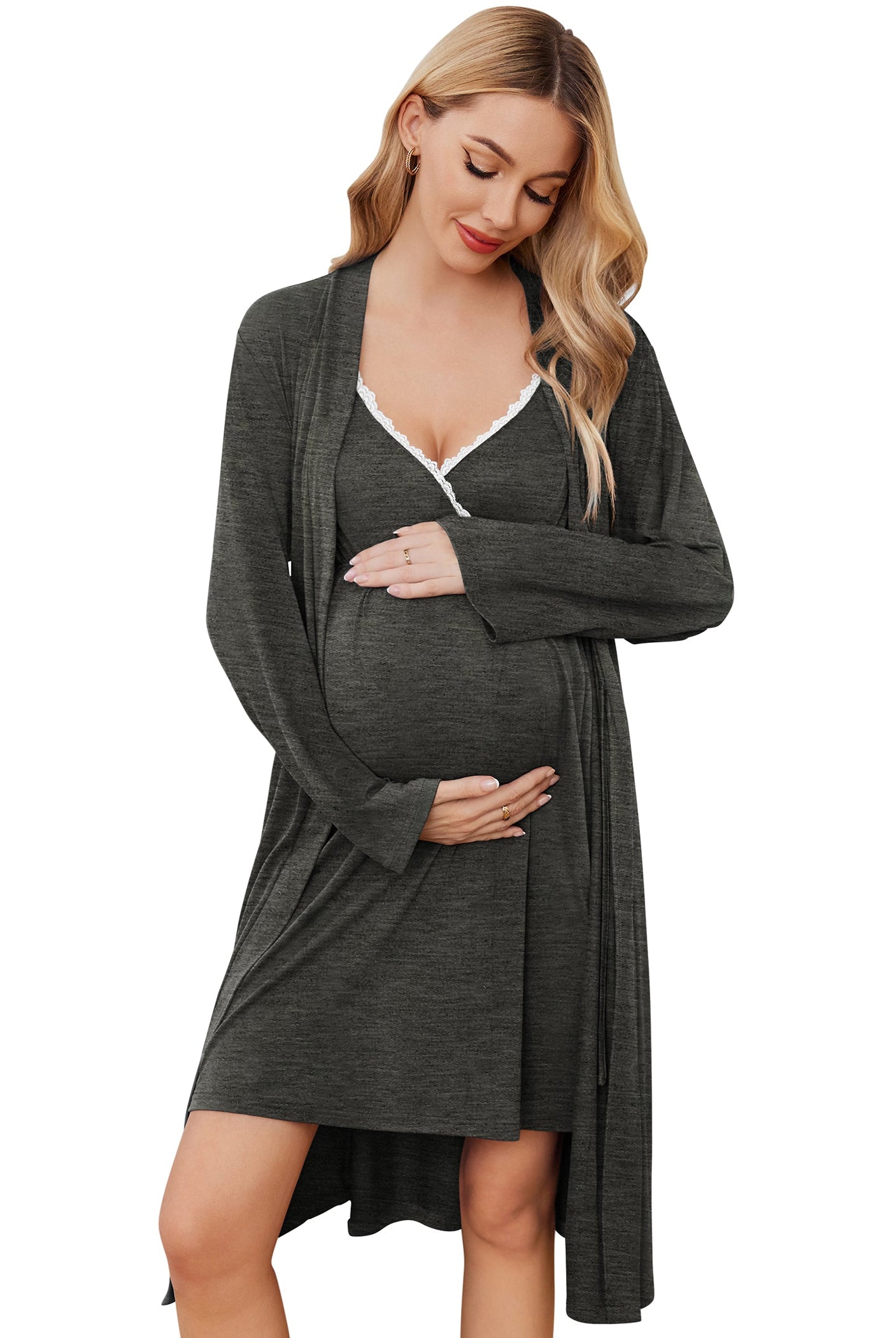 Nursing gown and robe set in dark grey, long sleeves robe, V-neck with lace trim.