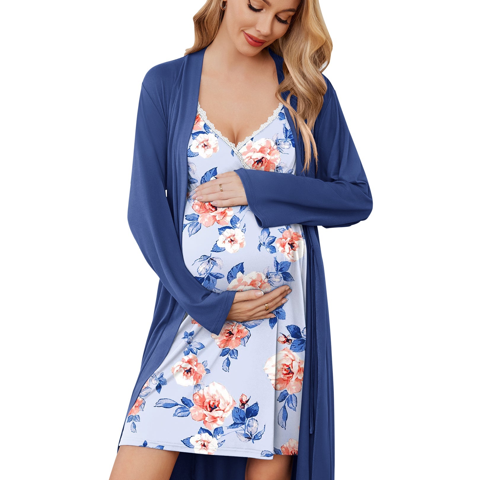 Nursing gown and robe set in blue floral print, long sleeves robe, V-neck lace trim.