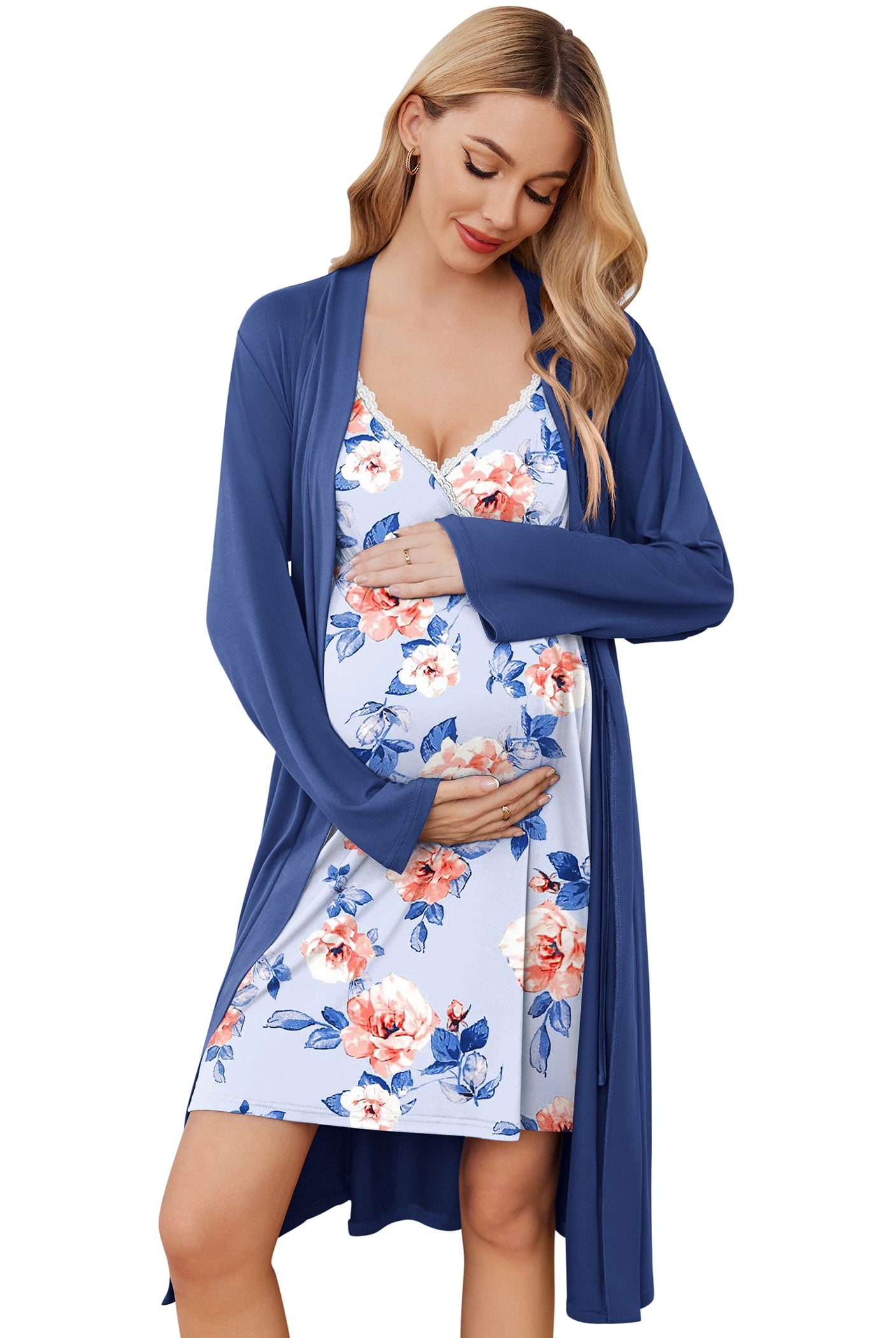 Nursing gown and robe set in blue floral print, long sleeves robe, V-neck lace trim.