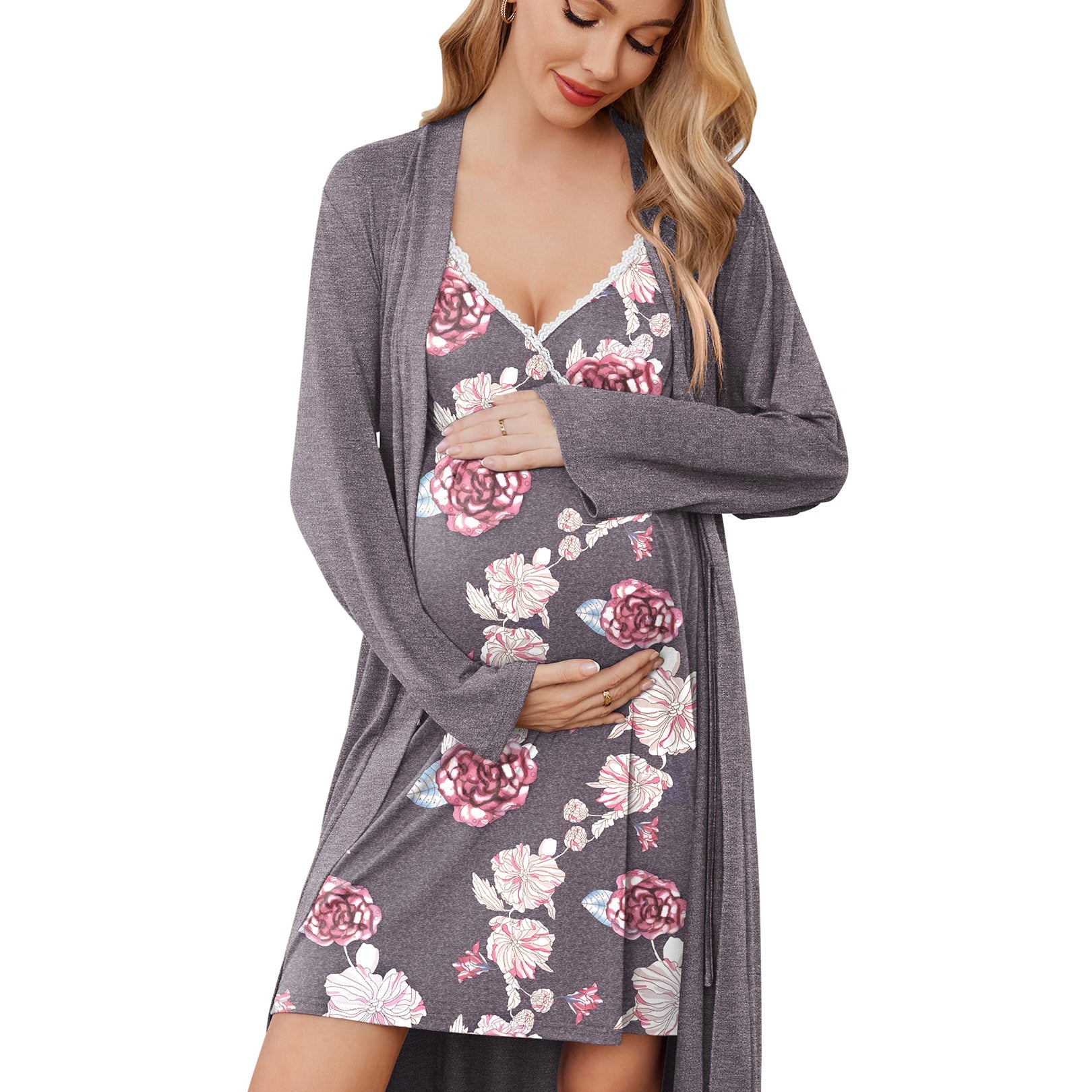 Nursing gown and robe set in grey with floral print, long sleeves robe, V-neck lace trim.